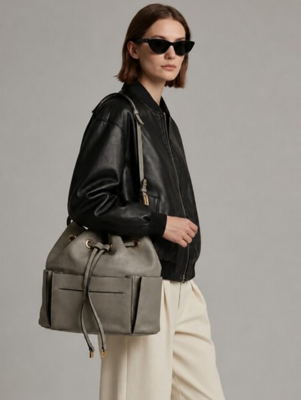 Loro Piana Gray Leather Drawstring Bucket Bag - Picture 4 of 15